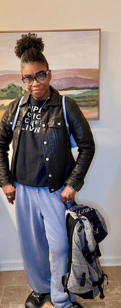 Hanging Out & Content Creation Outfit
Blue Gap Wide Leg Jogging Pants
Vintage Black Gap Leather Jacket
Black & Gray Business Backpack
Black, White, & Turquoise Sweatshirt
Keen Black & Gray Hikers